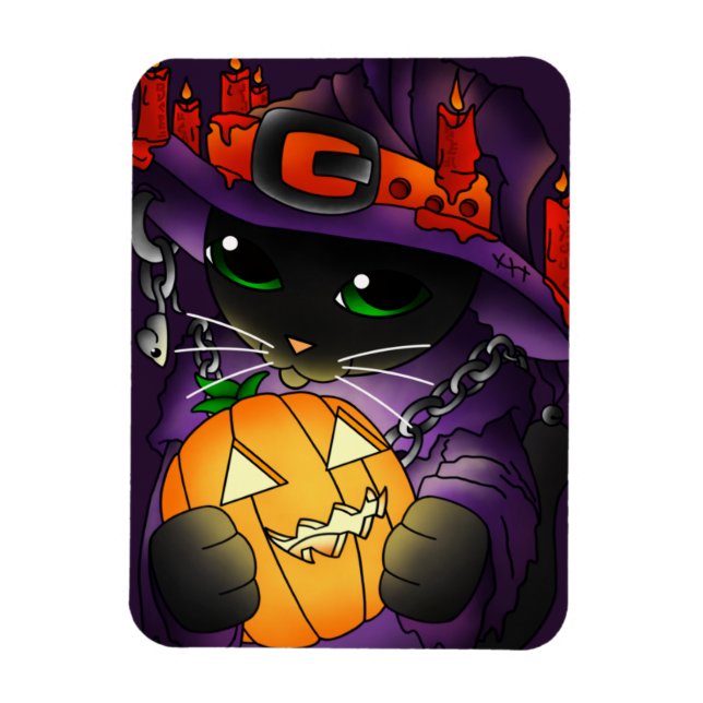 Halloween Pumpkin Black Hexe Cat Magnet (Vertikal)