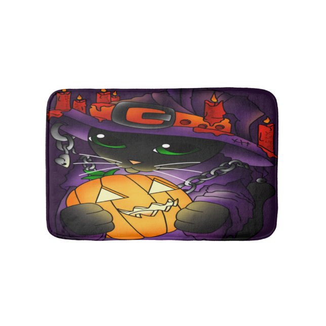 Halloween Pumpkin Black Hexenkatze Badematte (Vorderseite)