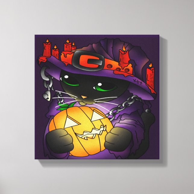 Halloween Pumpkin Black Hexenkatze Leinwanddruck (Vorderseite)
