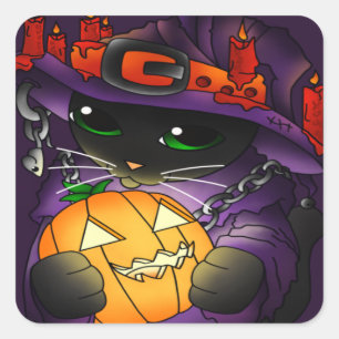 Halloween Pumpkin Black Hexenkatze Quadratischer Aufkleber