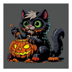 Halloween Pumpkin Carving Cat Poster