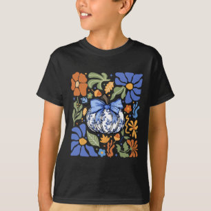 Halloween Pumpkin Chinoiserie Blue & amp; White Fl T-Shirt