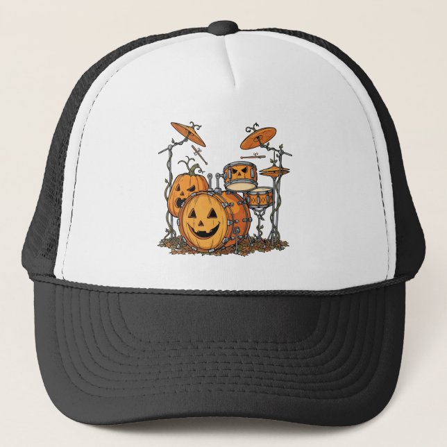 Halloween Pumpkin Drum Set Truckerkappe (Vorderseite)