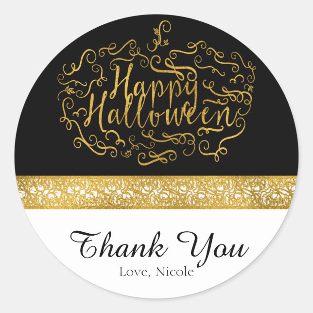 Halloween Pumpkin Elegant Schwarz-weiß Gold Gefall Runder Aufkleber (Vorderseite)