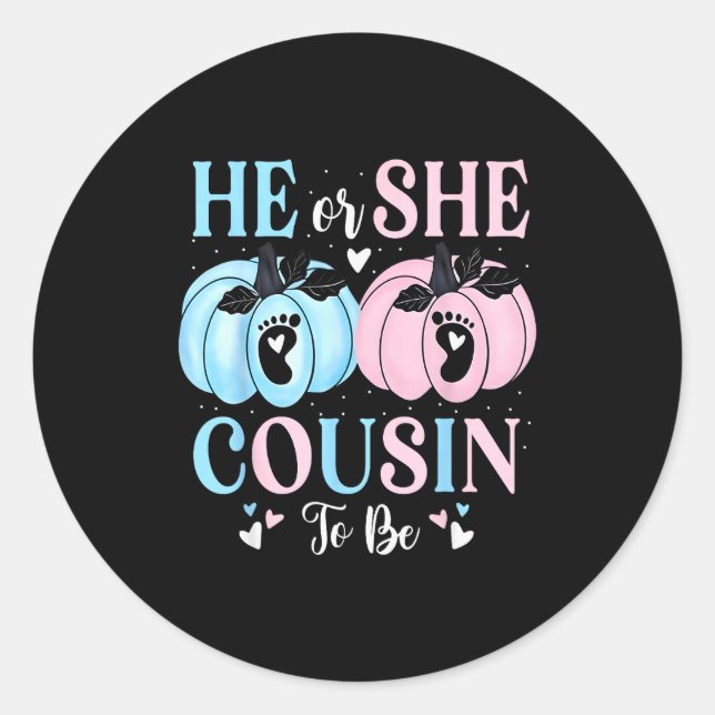 Halloween Pumpkin Gender Reveal He Or She Cousin T Runder Aufkleber (Vorderseite)