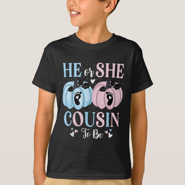 Halloween Pumpkin Gender Reveal He Or She Cousin T T-Shirt (Vorderseite)