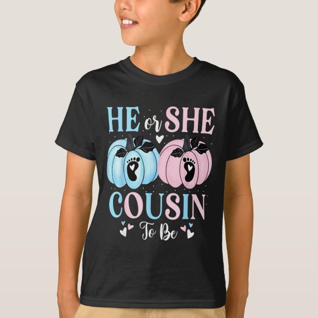 Halloween Pumpkin Gender Reveal He Or She Cousin T T-Shirt (Vorderseite)