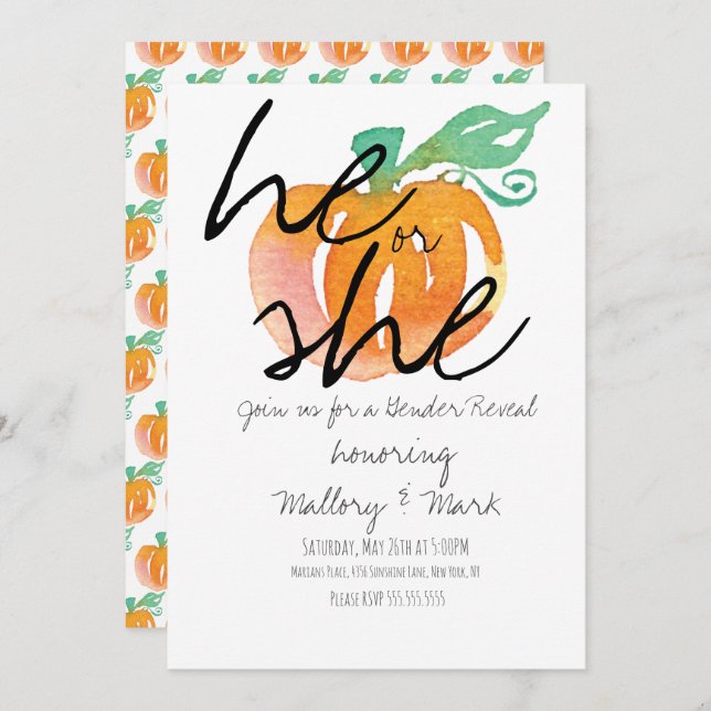 Halloween Pumpkin Hand Watercolor Gender Reveal Einladung (Vorne/Hinten)