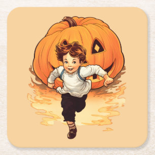 Halloween Pumpkin, Happy Young Boy Rechteckiger Pappuntersetzer