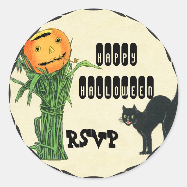 HALLOWEEN PUMPKIN HEAD Cornstalk und Black Cat Runder Aufkleber (Vorderseite)