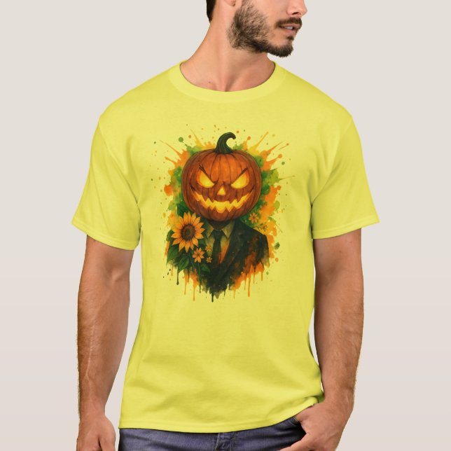 Halloween Pumpkin Head Wasserfarbe Kunst T-Shirt (Vorderseite)