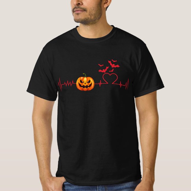 Halloween Pumpkin Heartbeat Line Bats T-Shirt (Vorderseite)