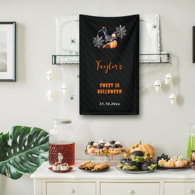Halloween Pumpkin Hexenhut Ghosts Niedlich Sweet 1 Banner (sweet 16 halloween banner sign pumpkin witch hat spiderwebs candy orange black cute fun elegant)