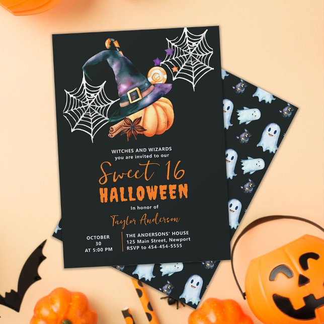 Halloween Pumpkin Hexenhut Ghosts Niedlich Sweet 1 Einladung (sweet 16 halloween birthday party invitation watercolor pumpkin witch hat spiderweb candy elegant)