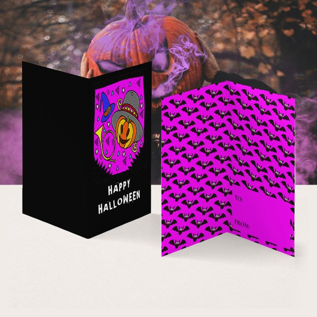 Halloween Pumpkin Horn Bat-Klassenaustauschkarte Visitenkarten (Happy Halloween Pumpkin Bugle Bats Purple Background Kids Exchange Card)