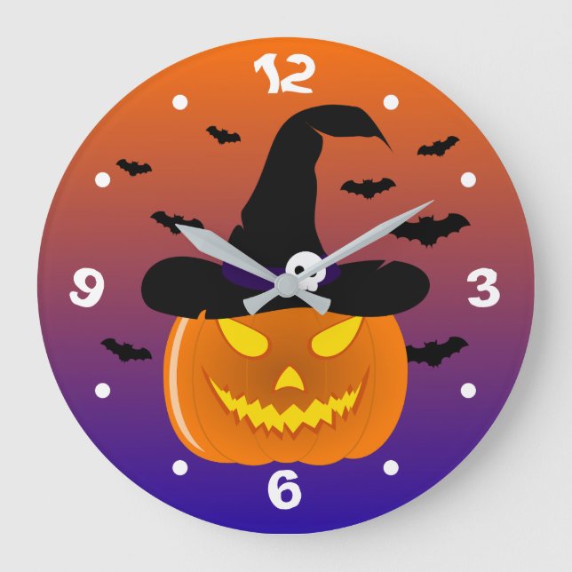 Halloween Pumpkin Jack o’ Lantern Hexenhut Große Wanduhr (Vorderseite)