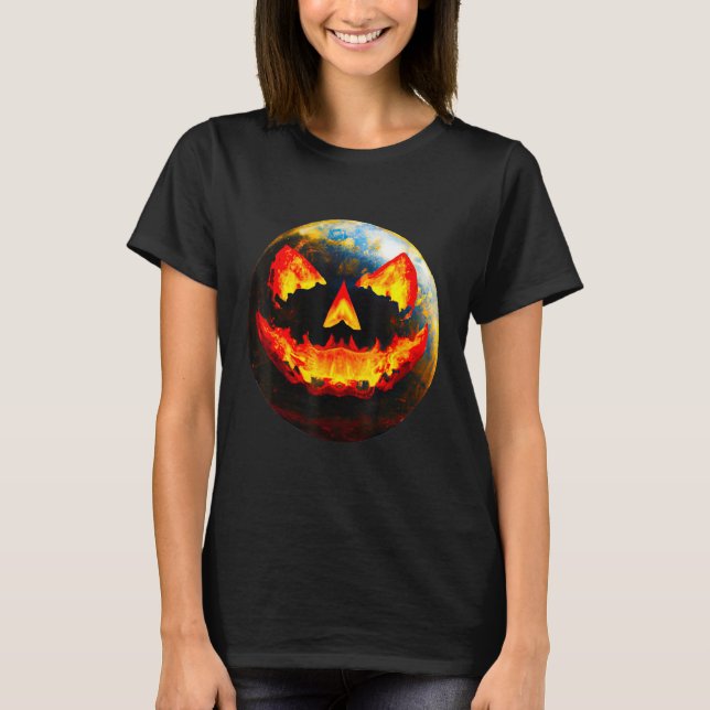 Halloween Pumpkin Jackoantern Spooky face Earth fr T-Shirt (Vorderseite)