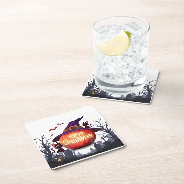 Halloween Pumpkin, Katzen & Hexen Rechteckiger Pappuntersetzer (Vor Ort)
