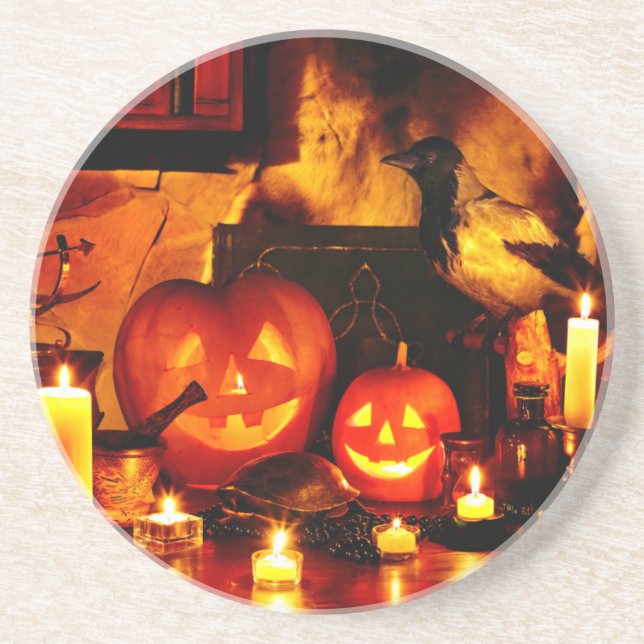 Halloween Pumpkin Lantern Sandstein Untersetzer (Vorne)