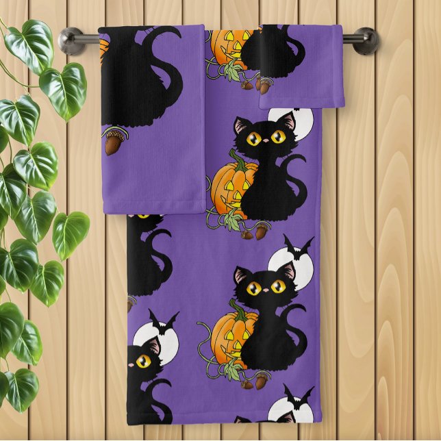 Halloween Pumpkin Lila Black Cat Badhandtuch Set (Von Creator hochgeladen)