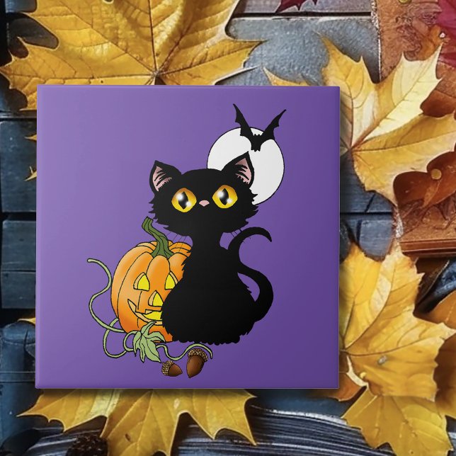 Halloween Pumpkin Lila Black Cat Fliese (Von Creator hochgeladen)