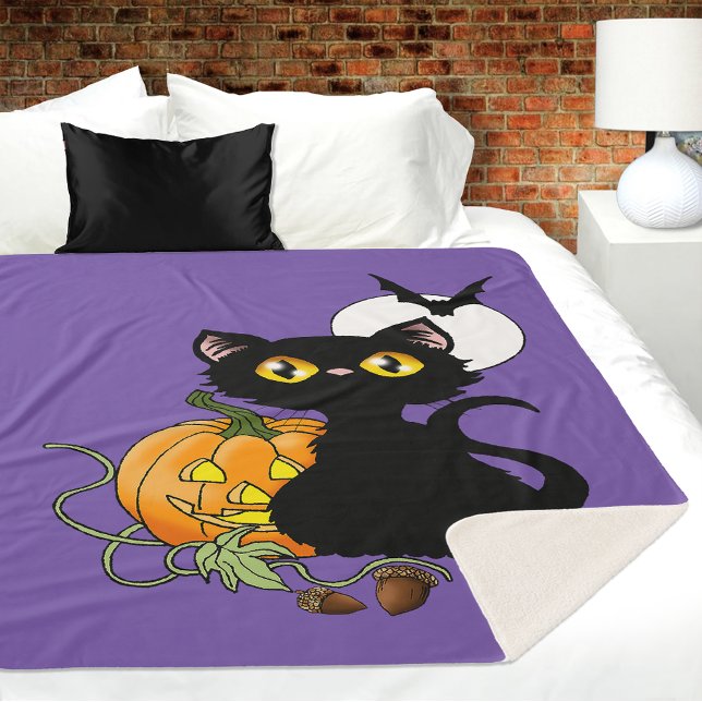 Halloween Pumpkin Lila Black Cat Sherpadecke (Von Creator hochgeladen)