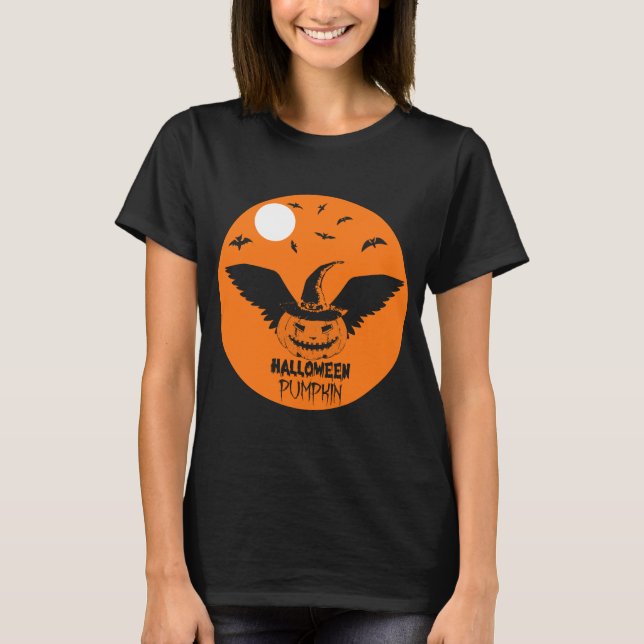 Halloween Pumpkin mit Hexenhut und Fledermäusen T-Shirt (Vorderseite)