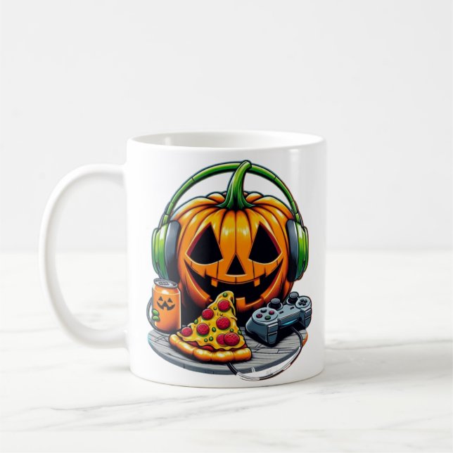 Halloween Pumpkin mit Kopfhörern und Spielen? Kaffeetasse (Links)