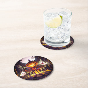 Halloween Pumpkin Niedlich Ghosts Moon Beängstigen Runder Pappuntersetzer