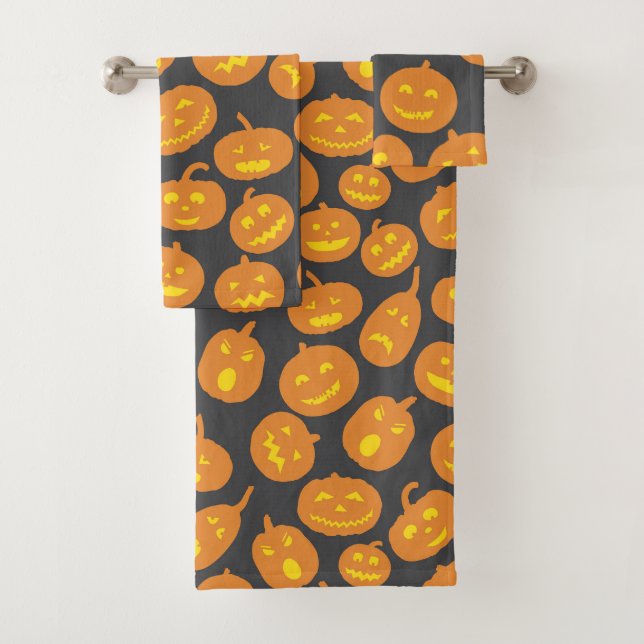 Halloween Pumpkin Orange Black Jack O'Lantern Badhandtuch Set (Insitu)
