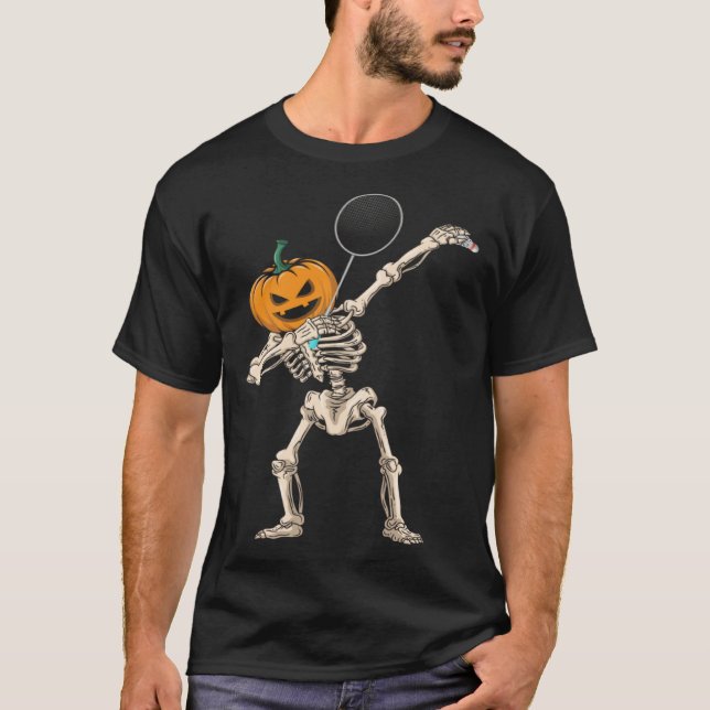 Halloween Pumpkin Skeleton Badminton Dabbing T-Shirt (Vorderseite)