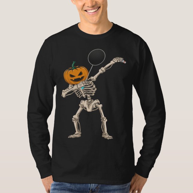 Halloween Pumpkin Skeleton Badminton Dabbing T-Shirt (Vorderseite)