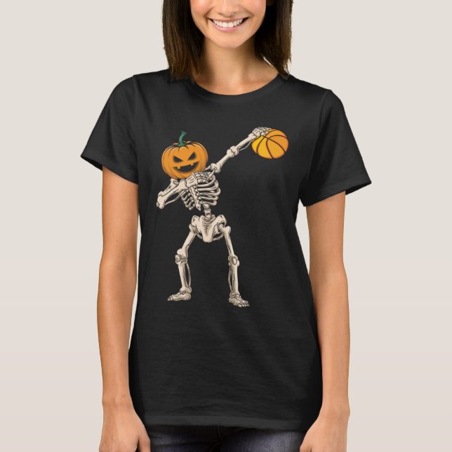 Halloween Pumpkin Skeleton Basketball Dabbing T-Shirt (Vorderseite)