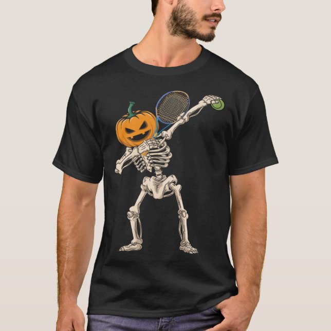 Halloween Pumpkin Skeleton Tennis Dabbing T-Shirt (Vorderseite)