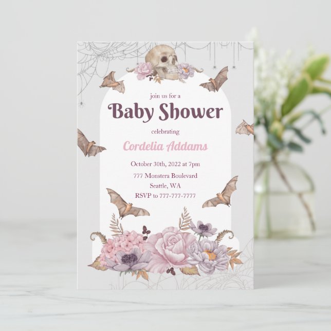 Halloween Pumpkin Skull Baby Shower Einladung (Stehend Vorderseite)