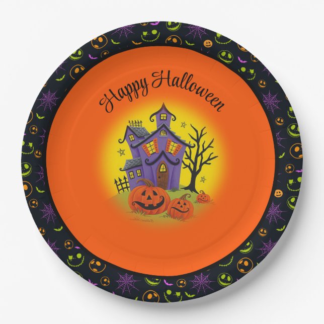 Halloween Pumpkin Spuk House Fun Custom Text Pappteller (Vorderseite)