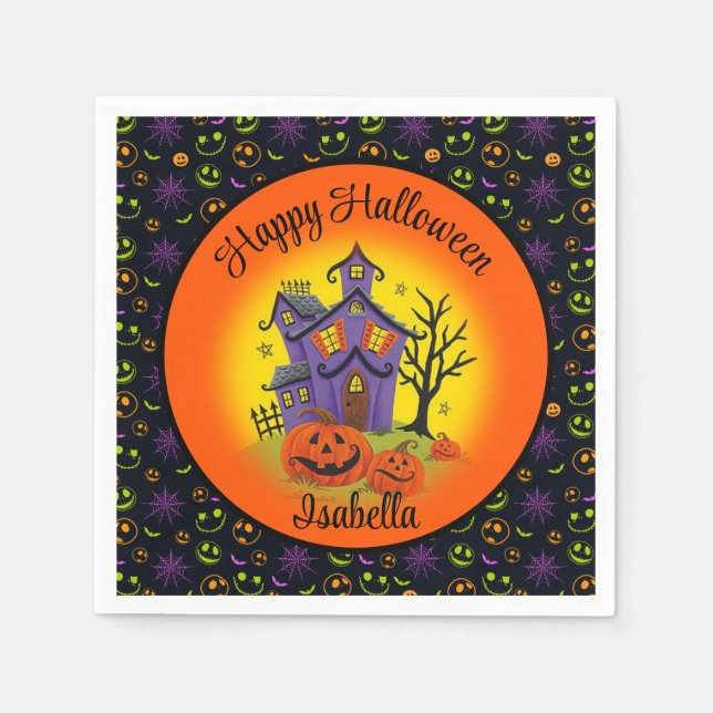 Halloween Pumpkin Spuk House NAME Geburtstag Serviette (Vorderseite)