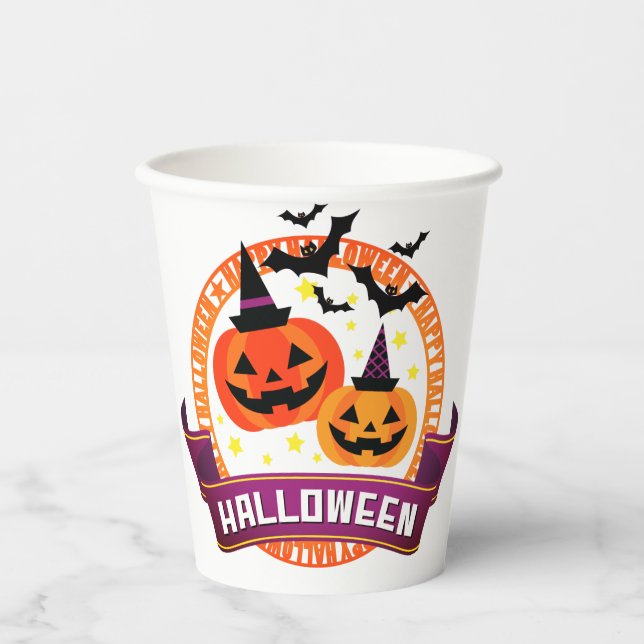 Halloween Pumpkin und Fledermäuse Papierplatte Pappbecher (Vorderseite)