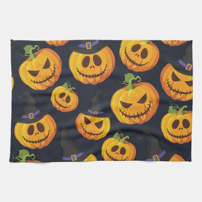 Halloween Pumpkin: Vintages Hexenmuster Geschirrtuch (Horizontal)