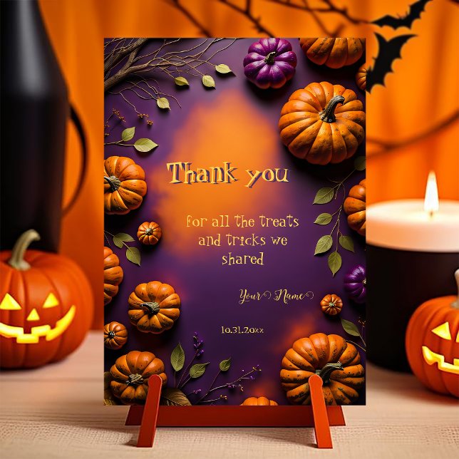 Halloween Pumpkins (Halloween Thank You Card. customizable illustration full of pumpkins on orange and purple background)