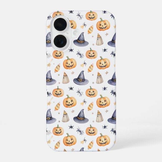 Halloween Pumpkins and Witch Hats Pattern iPhone 16 Hülle (Rückseite)