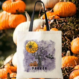 Halloween Pumpkins Bat Spooky Tree Name Lila Tragetasche