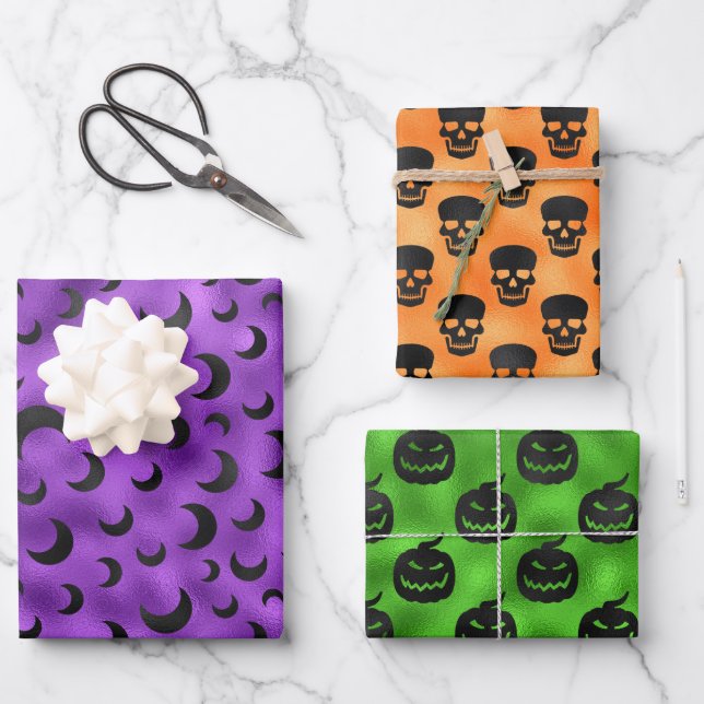HALLOWEEN PUMPKINS BATTE & SKULLS GESCHENKPAPIER SET (Vorderseite)