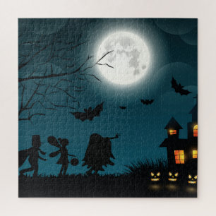 Halloween Pumpkins: Dunkles Schloss, blauer Mond Puzzle