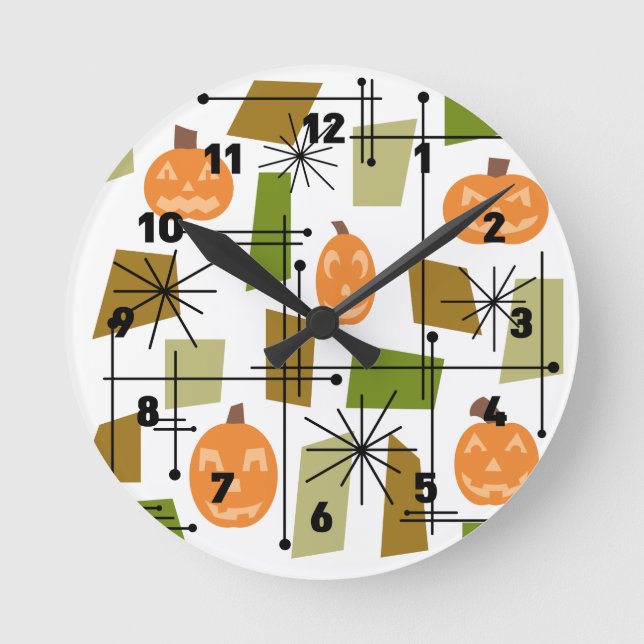 Halloween Pumpkins Mitte des Jahrhunderts Runde Wanduhr (Vorderseite)