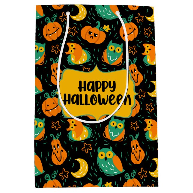 Halloween Pumpkins Moon Owls Geschenktasche Mittlere Geschenktüte (Vorderseite)