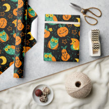Halloween Pumpkins Moon Owls Wrapping Paper