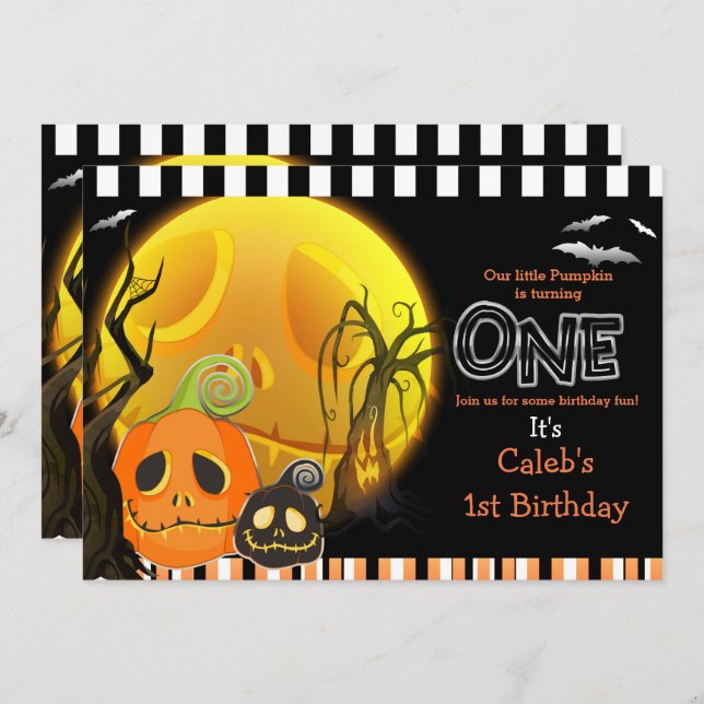 Halloween Pumpkins Moonlight 1. Geburtstag Party Einladung (Vorne/Hinten)
