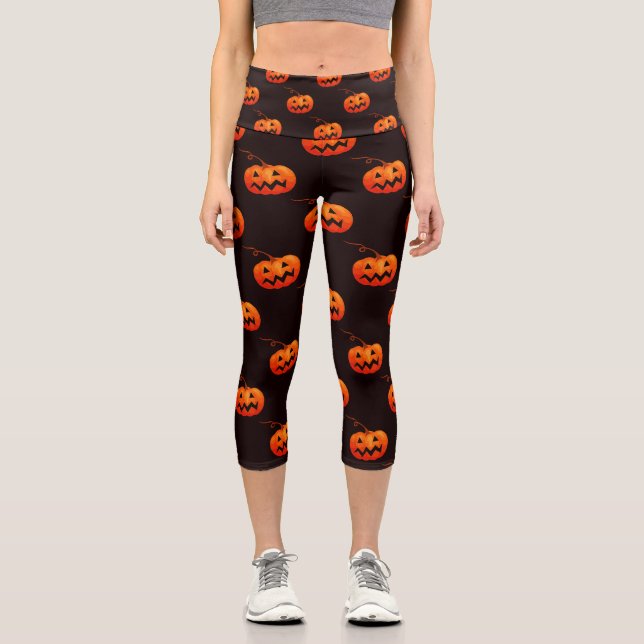 Halloween Pumpkins, Orange Pumpkins Trick oder Tre Capri Leggings (Vorderseite)