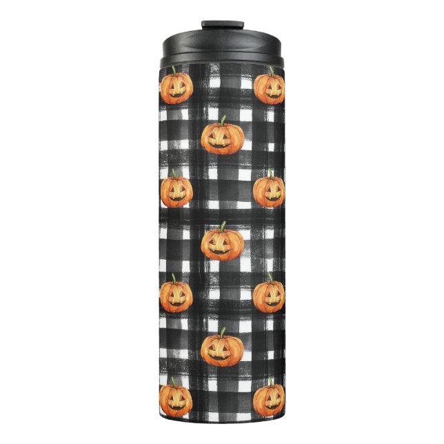 Halloween Pumpkins: Schachbrettmuster. Thermosbecher (Vorderseite)